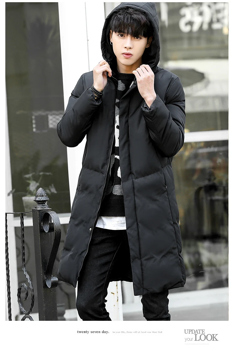 Men's Long Cotton Coat Hooded Cotton-padded Clothes Middle Long Coat Simple Version Long down Coat