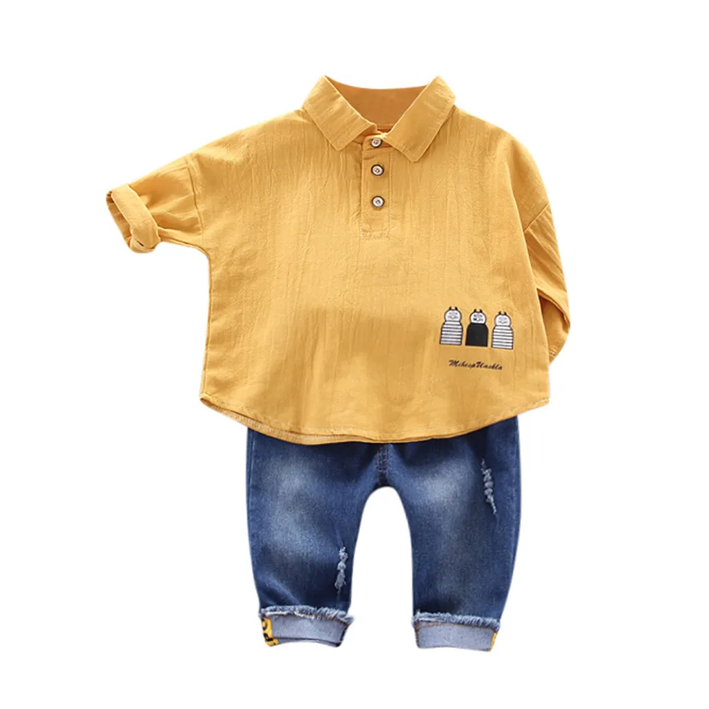 Toddler Kids Baby Boys clothes ropa niña одежда для новорожденных Cartoon T Shirt Pullover Denim Long Pants Outfits Set#4