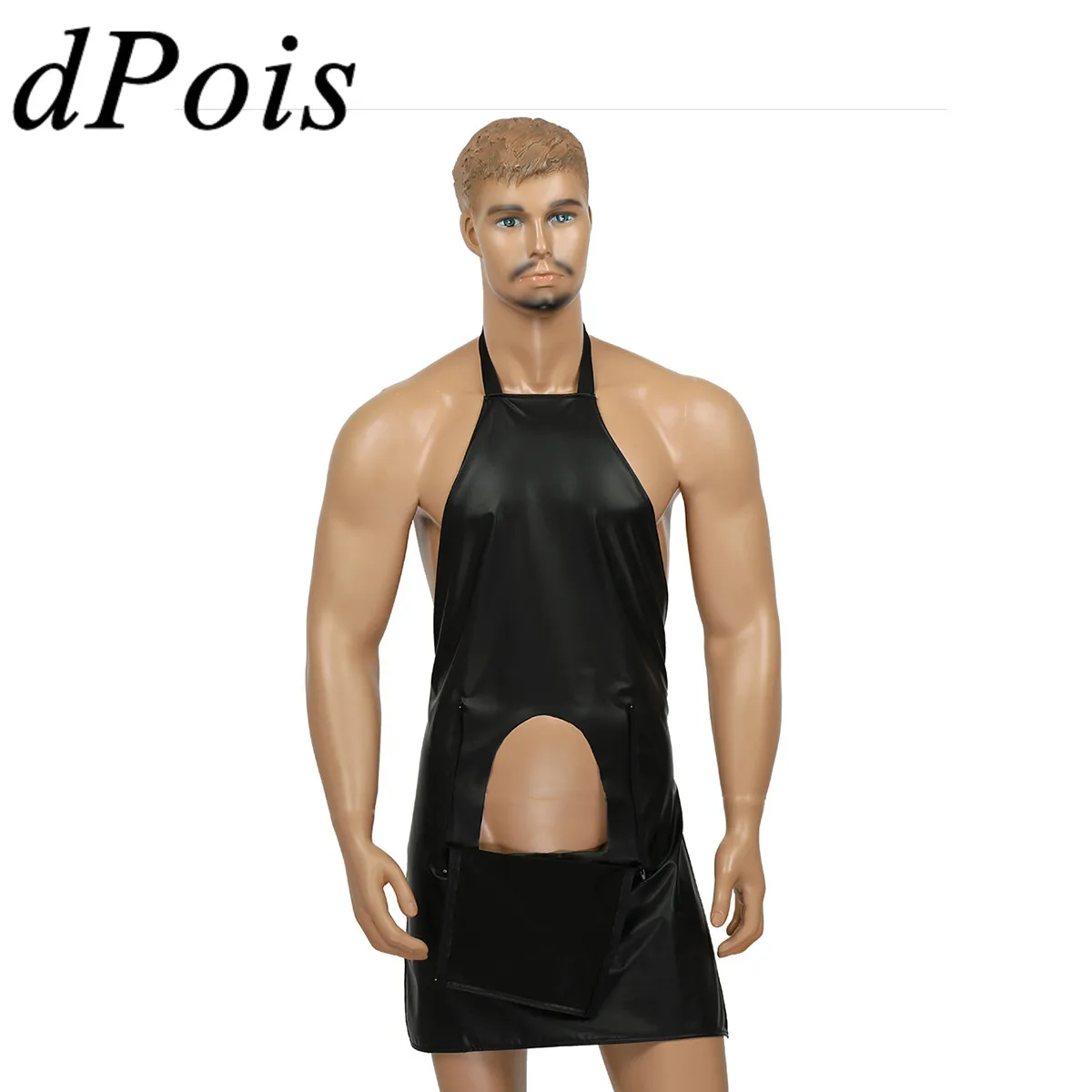 

Sexy Cosplay Costume For Men Male Wetlook Black Zipper Pocket Open Crotch Apron for Fancy Party Dress Up Nightclub Stage Dance