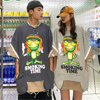 

Hip Hop Oversize Men&Women 100% Cotton Tshirt Tops Tees Patchwork Reflect Cartoon High Street Women T-Shirts Camisetas Hombre