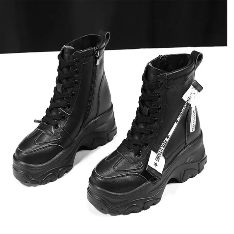 DIWEINI Leather Women's Chunky Boots Winter Thick Fur Warm Women Platform Sneakers Fashion Combat Boot Woman Martin Shoes