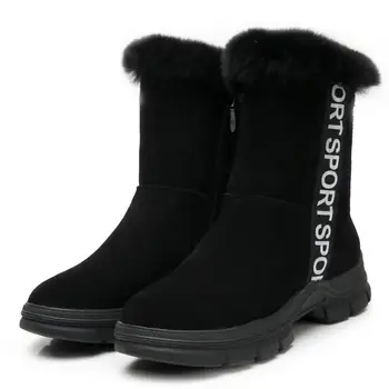 

Real Rabbit Fur Matte Genuine Leather Boots Women Shoes Warm Winter Boots Flat Wedges Non-slip In-tube Boots Women Snow Boots