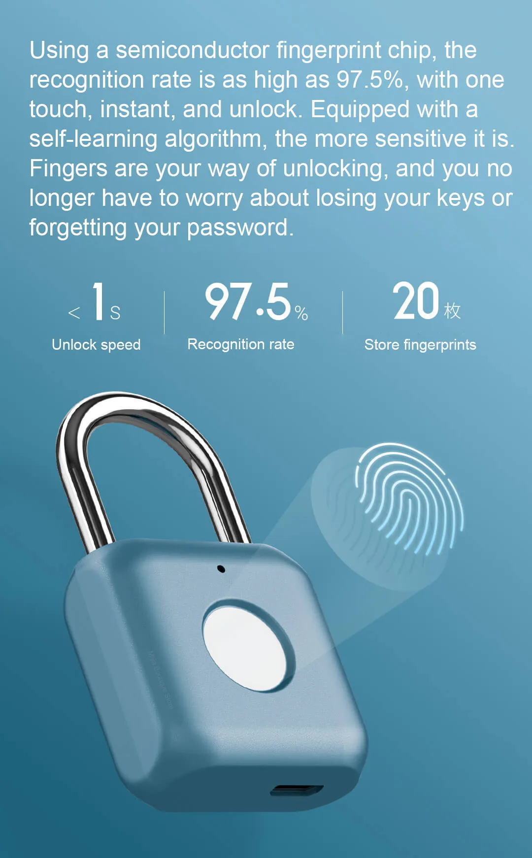 Xiaomi умный замок висячий замок USB Перезаряжаемый биометрический дверной замок Умный Замок быстрая разблокировка металлический сплав цинка