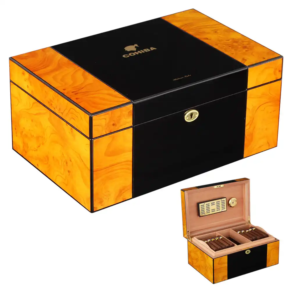 COHIBA Luxury Cigar Humidor Home Cedar Wood Piano Finish Glossy Cigar Box W/ Key Hygrometer