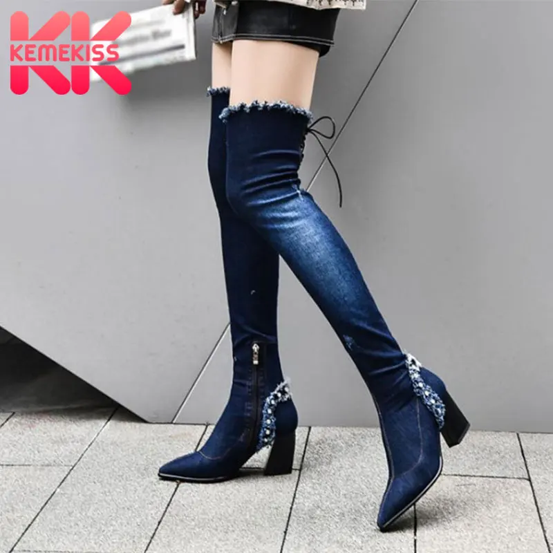 

KemeKiss Over The Knee High Boots Women Denim Lacing Female Crystal Women Casual Shoes Fashion Thick Heel Footwear Size 34-40