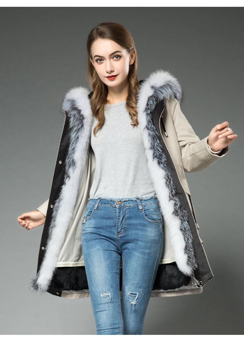 AYUNSUE Winter Coat Women Rabbit Fur Liner Parka Real Fur Coat Female Fox Fur Collar Warm Long Jacket Manteau Femme MY4572