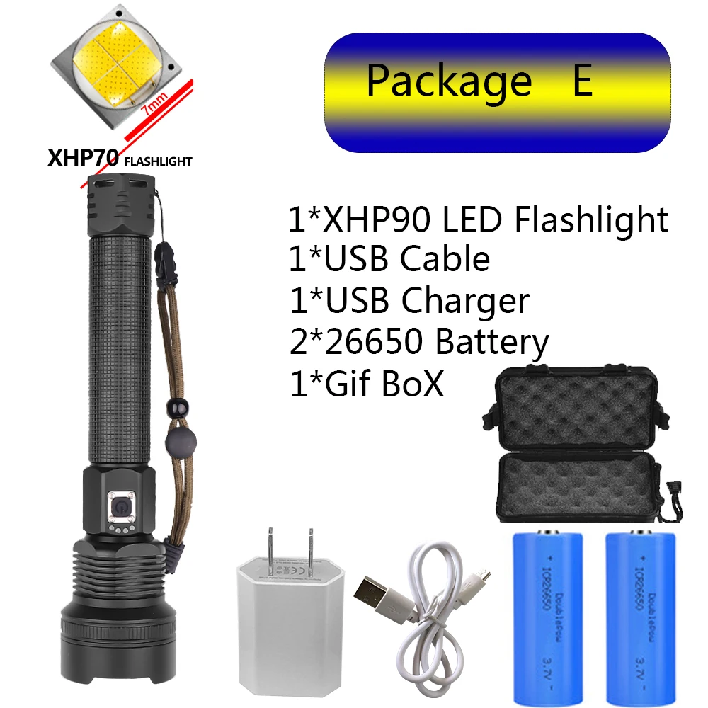 Package E Самый мощный светодиодный светильник XHP70 с подзарядкой от USB, фонарь с зумом XHP50, ручная лампа 26650, 18650, светильник с батареей - Испускаемый цвет: Package E