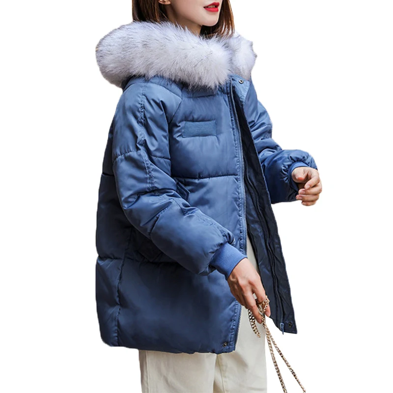 С капюшоном Искусственный меховой воротник зимние парки для женщин Осень корейский стиль парка для женщин на молнии хлопок Pooded пальто куртка женская Mujer