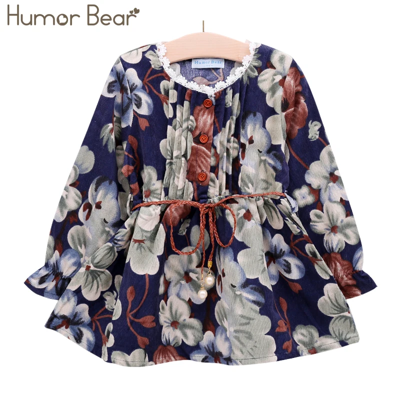 Humor Bear/ г.; весенне-осеннее платье принцессы для девочек; хлопковая одежда для детей; платье с длинными рукавами и цветочным принтом для маленьких девочек - Цвет: BL261 blue