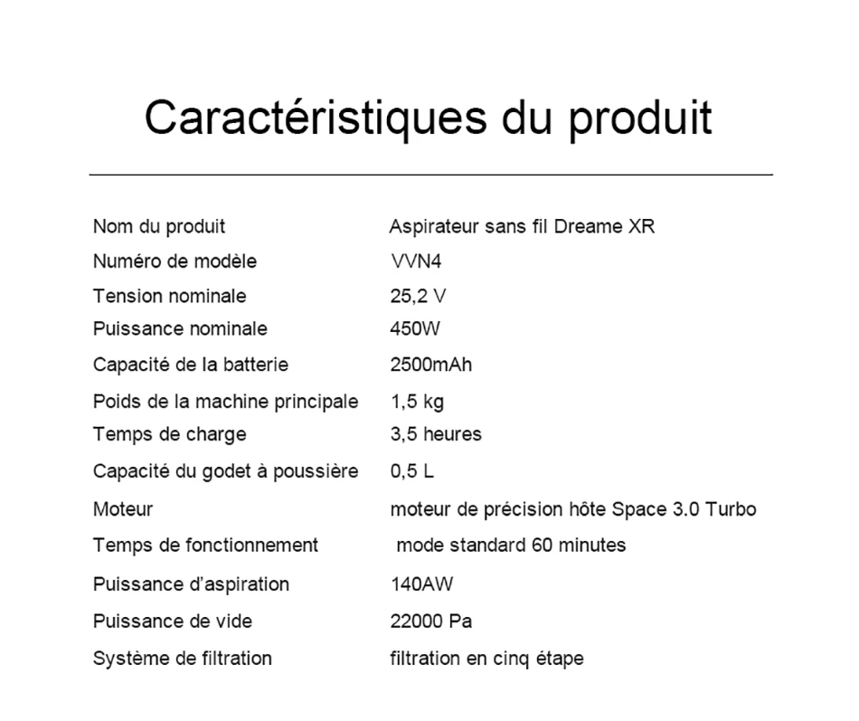 Caractéristiques de l'aspirateur