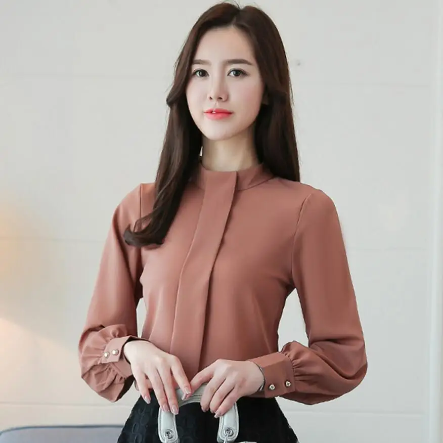 Модные Женские однотонные шифоновые блузки и рубашки blusas с длинным рукавом Повседневная офисная блузка рубашка S-3XL