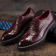 Fashion Mens Dress Shoes Genuine Leather Pointed Toe Men Formal Oxford Flat Lace-up Crocodile Pattern Wedding Shoes