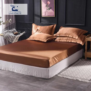 

Liv-Esthete 1PCS Fitted Sheet Satin Silk Luxury Mattress Cover Coffee Bed Sheet Elastic Band Solid Color Adult Rubber Band Sheet