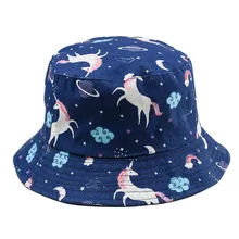 Мультфильм печатных животных Единорог Панама унисекс harajuku Поп хип хоп Боб мальчик Девочка Лето Хлопок Рыбацкая шляпа Панама