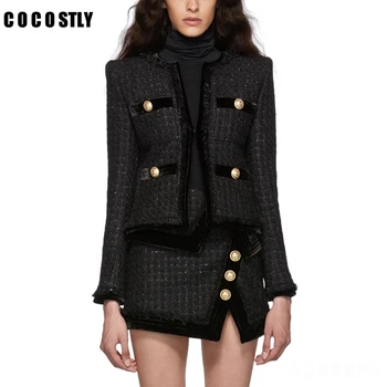 

Fashion Luxury Women Coats Short Jackets European Design Gold Button O-Neck Black Tweed Jacket Women's Clothing