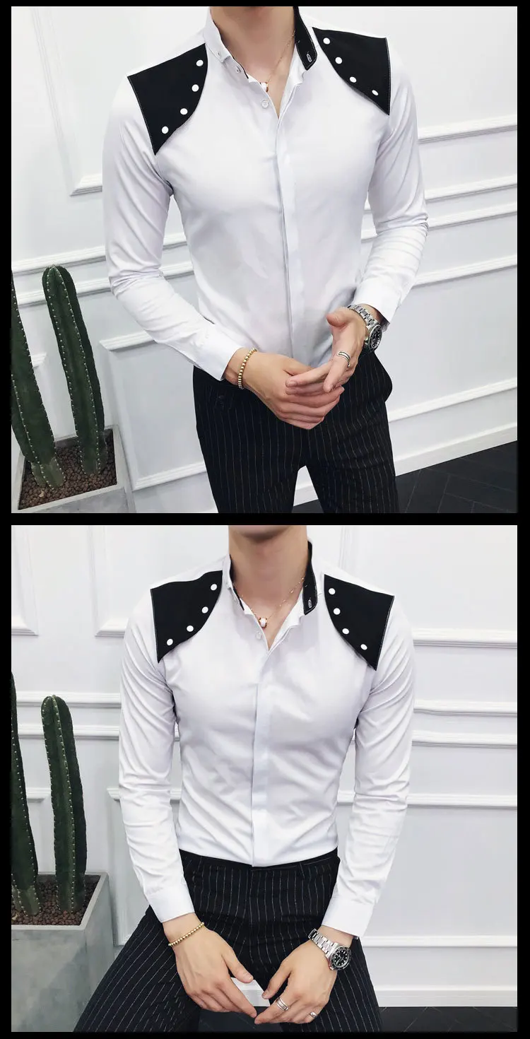 Контрастная черно-белая Лоскутная рубашка для мужчин camisa social masculina, Корейская мужская одежда, новинка, осенние мужские рубашки, повседневные облегающие