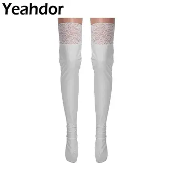 

1 Pair Women Stockings Shiny Glossy Metallic Patent Leather Thigh High Lace Top Skintight Long Stockings Full-footed Stocking