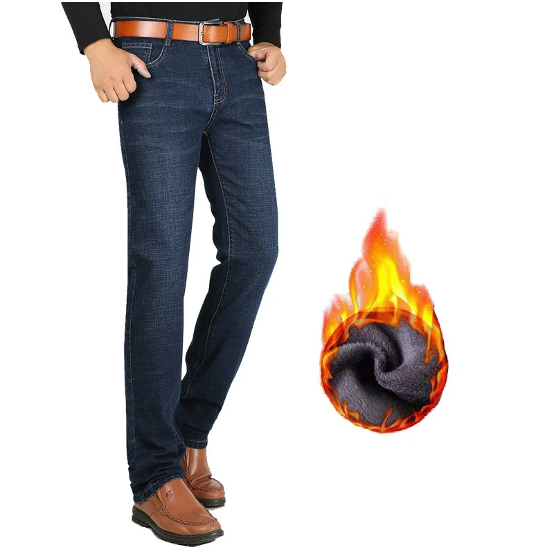 Dark blue plus velve 120 Cm Mens Jeans Winter Plus Velvet Jeans Tall Men's Trousers Stretch Straight High Long Length Pants Long Version Warm Casual - Цвет: Dark blue plus velve