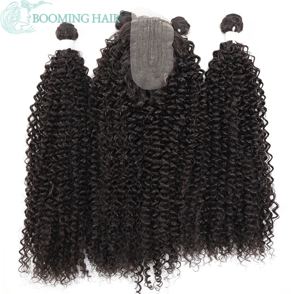 Afro Kinky Curly Hair Bundles Extensions With Closure Synthetic Weave Fake Hair 24" 26" Free 20"Closure Party For Women Gift