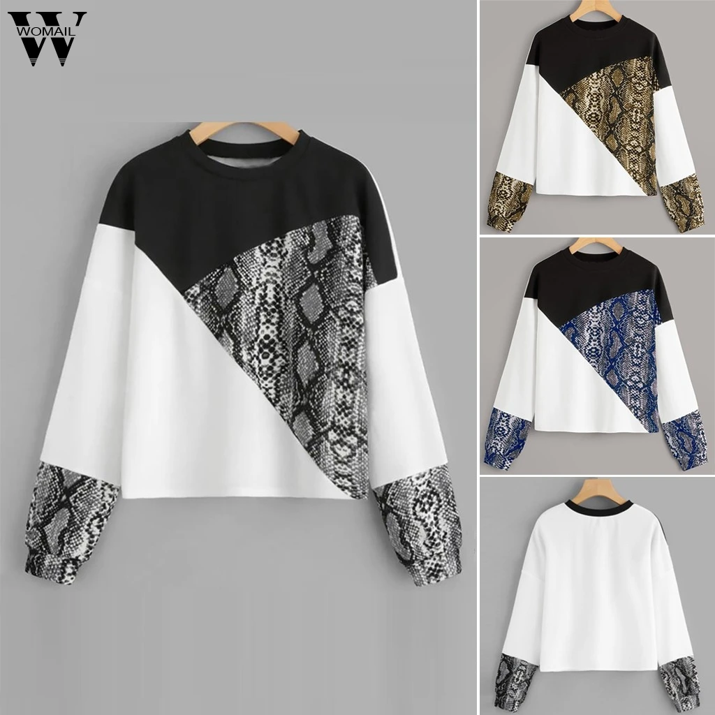 

Womail Sweatshirts Fashion Color Block Snake Print women's Sweatshirt Tops Patchwork Long Sleeve women's sweatshirts pullover