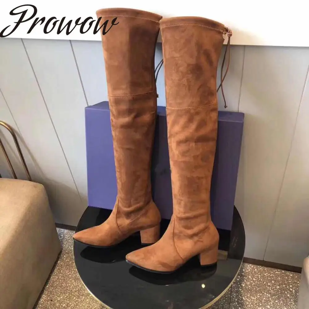 

Prowow Khaki New Genuine Leather Over The Knee HIgh Thigh High Boots Pointed Toe Thick Heel Autumn Winter Boots Shoes Women