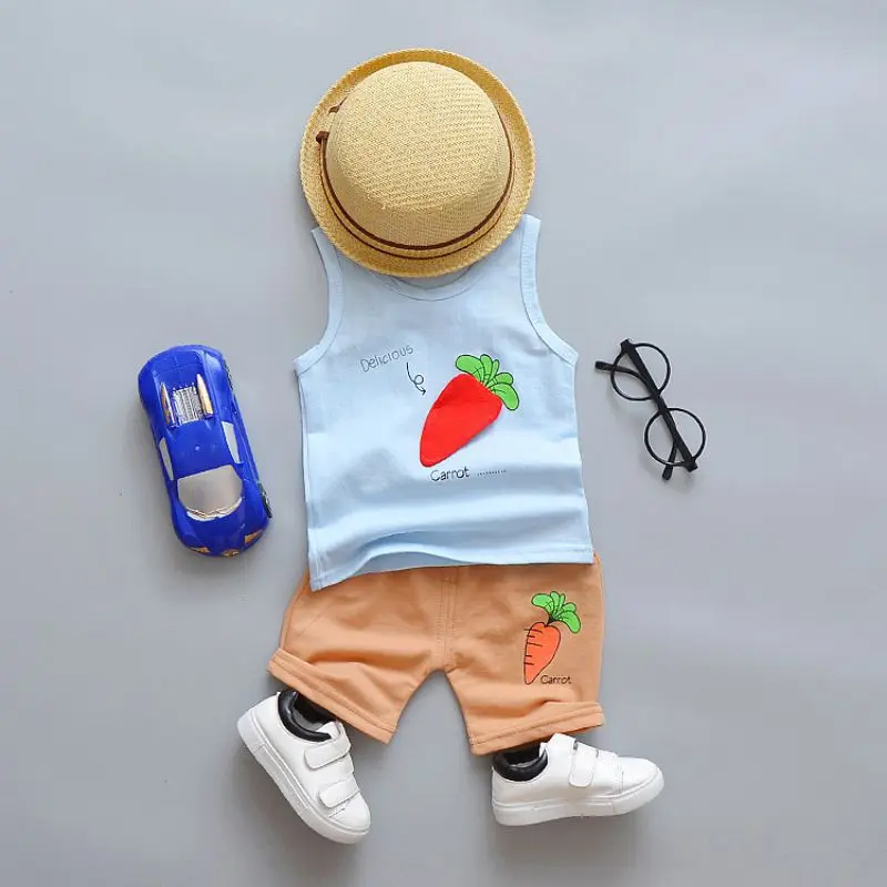 Summer Baby Boys Clothes Casual Sleeveless Carrot Print T-shirt Tops+Shorts Costume Set kids clothes Fashion - Цвет: L