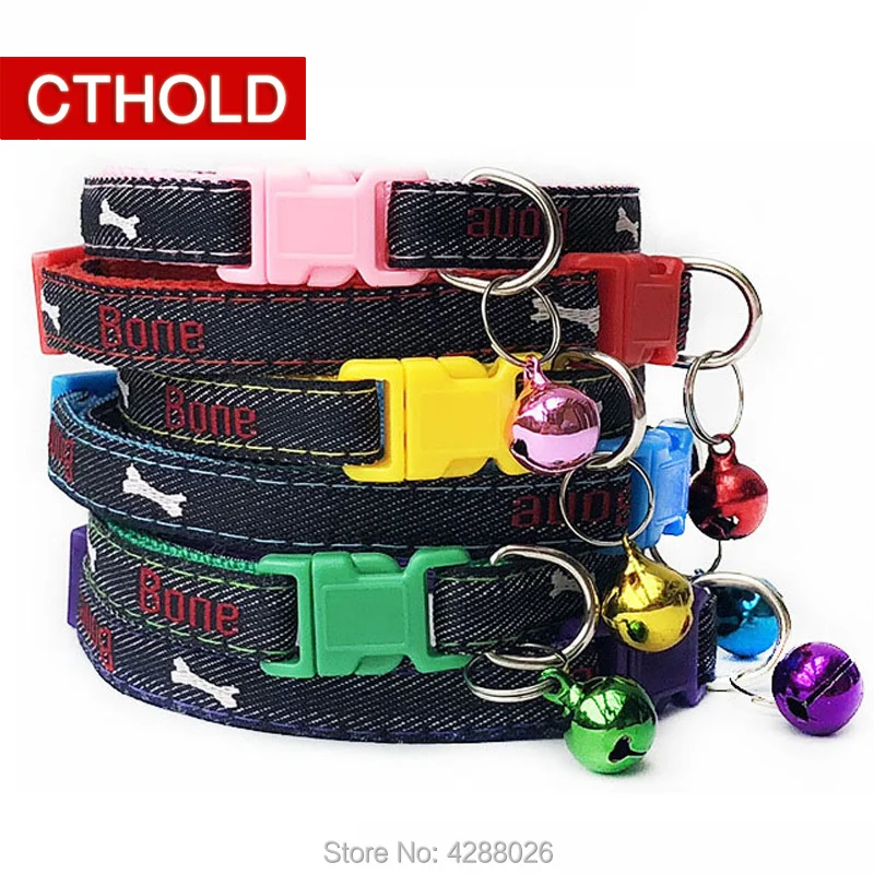 CTHOLD 100 шт./лот, джинсовые ошейники с принтом в виде костей для собак и кошек, камуфляжный ошейник для собак с колокольчиком, регулируемый ошейник для кошек AB