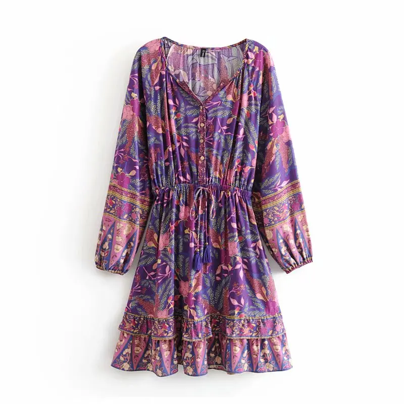 Everkaki Boho мини-платье с принтом для женщин, эластичная талия, v-образный вырез, винтажное элегантное женское короткое летнее платье, Vestidos, новинка