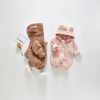 

2019 Winter New Baby Fluffy Long Jumpsuit for Newborn Kids Boys and Girls Fleece Soft Cartoon Solid Color Climbing Clothes
