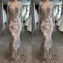 Роскошное кружевное платье с аппликацией из бисера, платье для выпускного вечера с длинным рукавом и глубоким v-образным вырезом, вечерние платья, Дубай, арабское платье для особых случаев