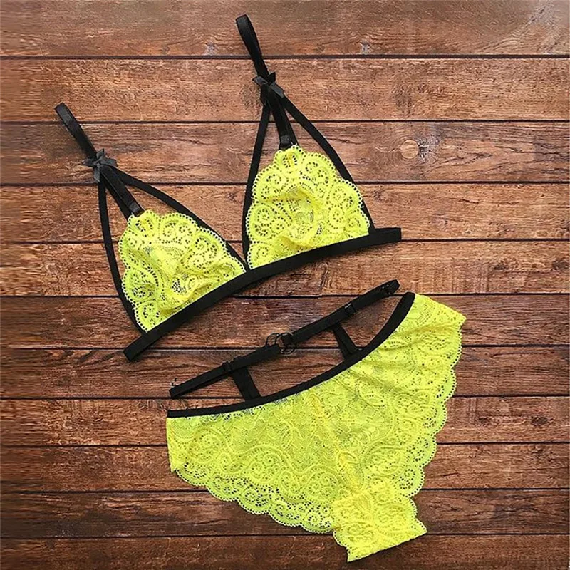 oferta de ropa interior verde fluorescente, Sexy Conjunto de sujetador con huecos de encaje, Conjunto de sujetador erótico ultrafino para conjunto de bragas con sujetador translúcido|Conjunto de sujetador y braga|