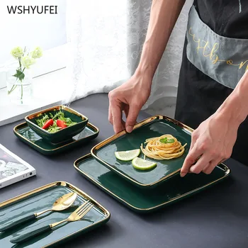 

Direct selling new light luxury malachite green ceramic tableware creative western food plate retro Phnom Penh storage tray