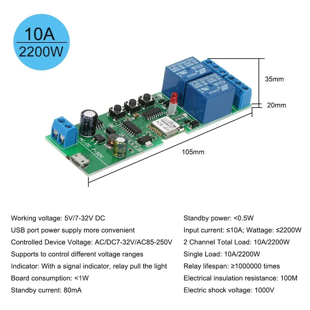 Sonoff 2CH USB DC5V/7-32 V Wifi переключатель беспроводной релейный модуль умный дом