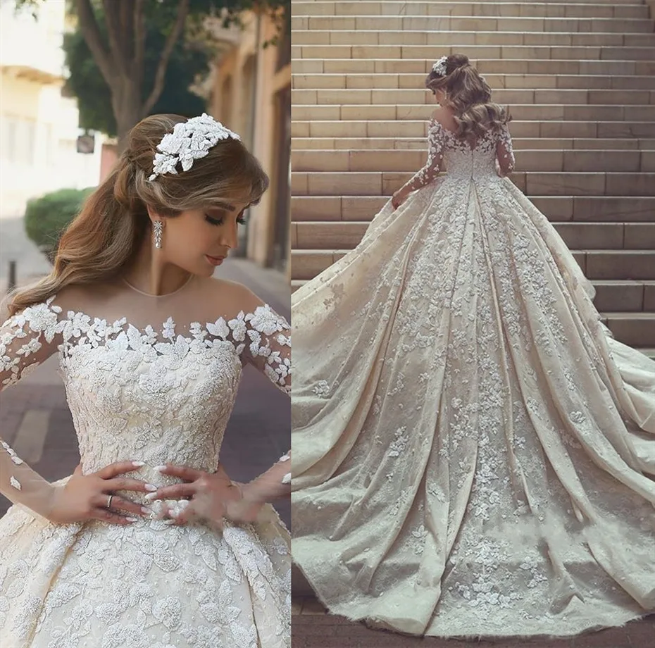 Vestido De Noiva, роскошное свадебное платье с цветочной аппликацией и бусинами,, элегантные прозрачные Свадебные платья с длинным рукавом, Robe De Mariee