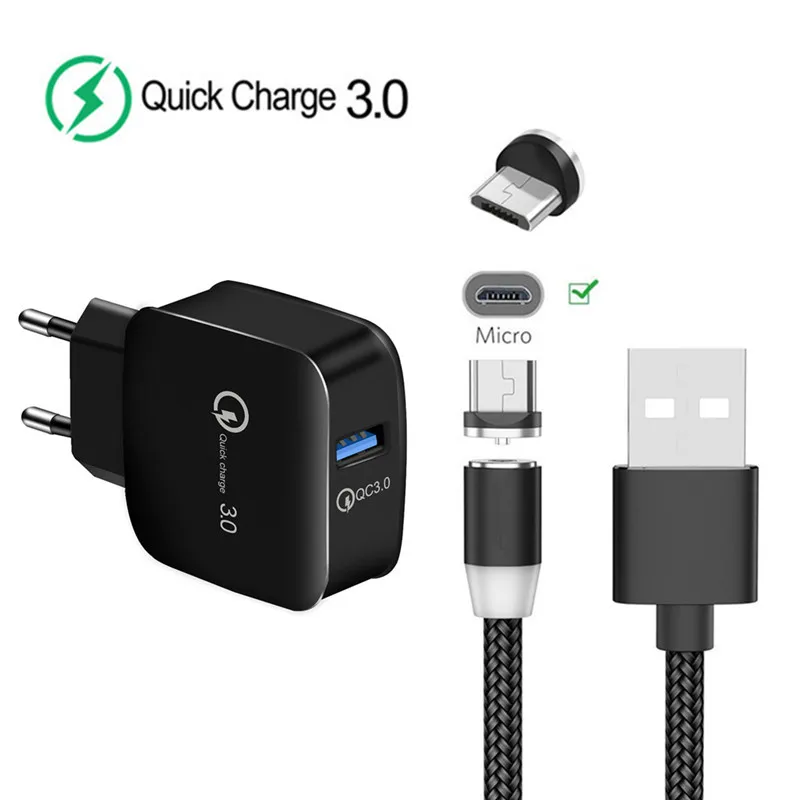 EU charger and cable Для samsung A10 A5 A7 J3 J4 huawei Y5 Y7 8X Honor 9 lite 7A мобильный телефон QC 3,0 быстрое зарядное устройство+ Магнитный Micro USB кабель - Тип штекера: EU charger and cable