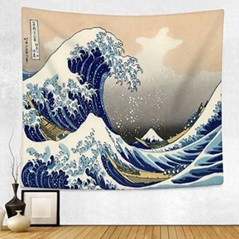 

Japan Kanagawa Wave Print Hanging Tapestry Whale Arowana Deer Snake Totem Wall-Mounted Tapestry Boho Bedspread Yoga Mat Blanket