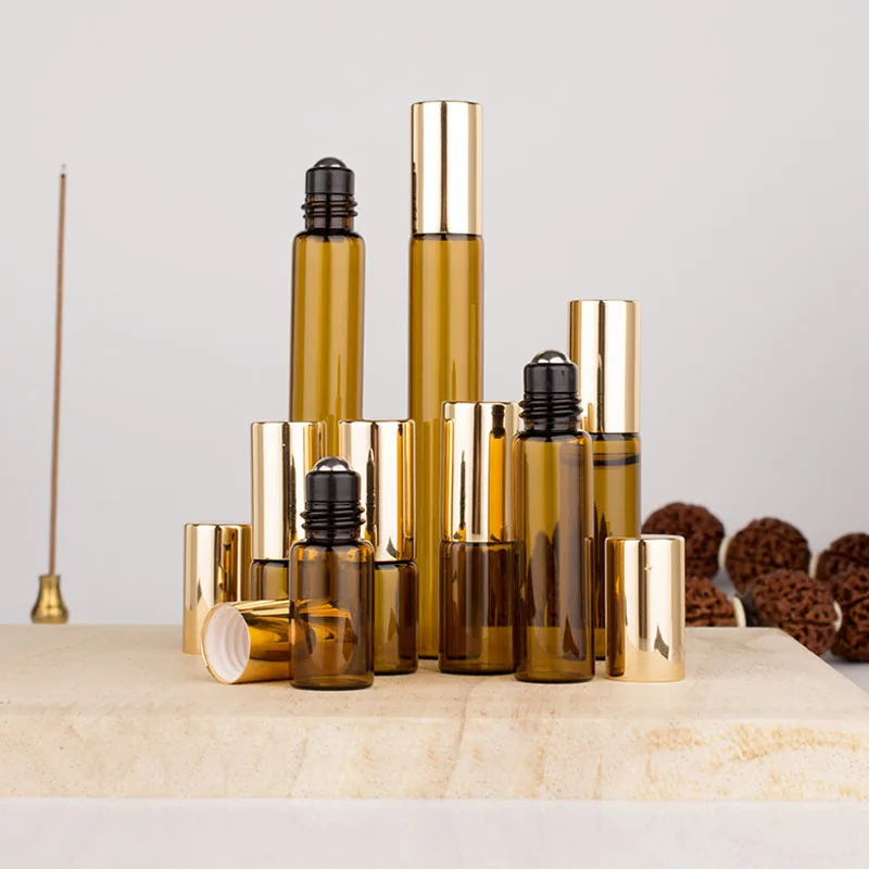 

10pcs 1/2/3/5/10ml Amber Glass Liquid Essential Oil Roll On Roller Ball Bottle Empty Vials Travel Cosmetic Refillable Containers