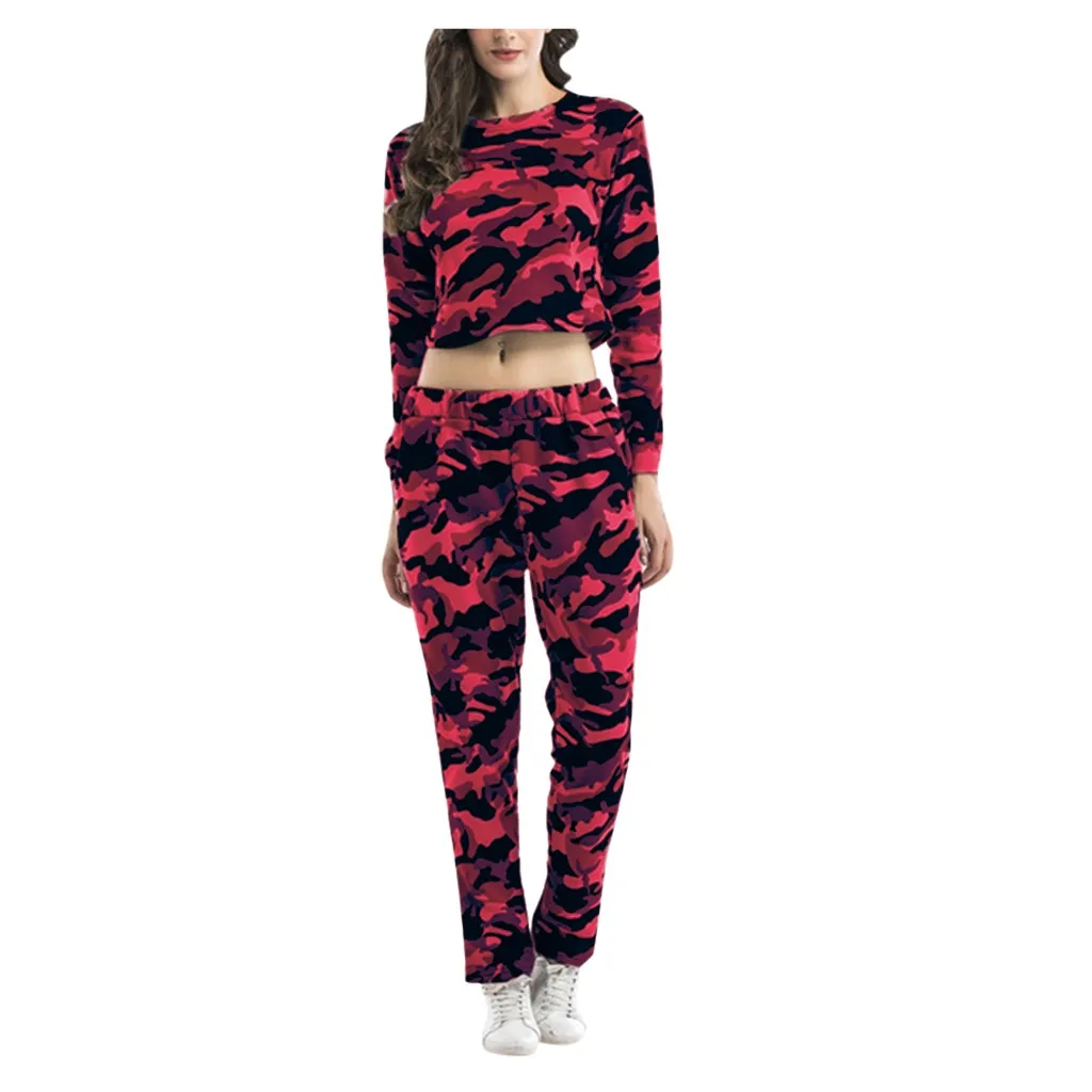 

2 piece set women Camouflage Sports O-Neck Short Sweater Trousers Puls size Soft Leisure Fashion sexy Women's Suit women