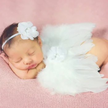 

DIY Photograph Newborn Baby Cute Feather Angel Wings with Big Flower Hairband Photography Props Set