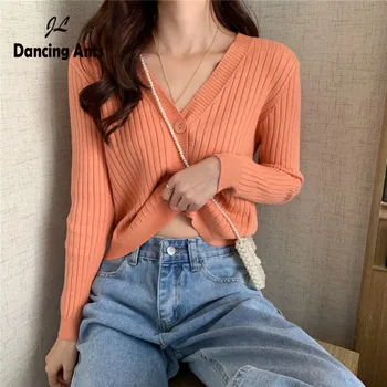

Woman Sweaters Women Knitted Pullover Elastic Long Sleeve Female Loose Top V-neck Solid Korean Jumper Autumn New Clothing
