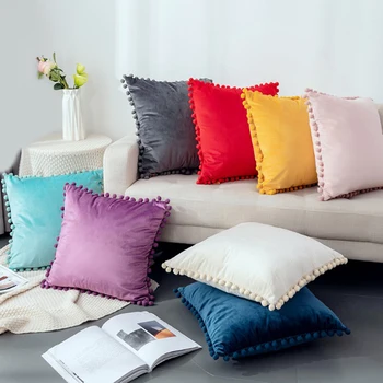 

2Pack Soft Velvet Pillow Covers Decorative Cute Poms Throw Pillowcase Square Cushion Case for Sofa Couch Home Decor 18x18 Inches