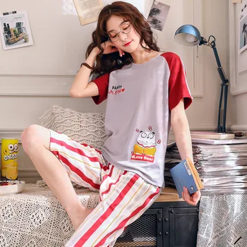 

2020 Women Summer Pajamas Short Sleeve Sleeve Cartoon Sleepwear 2 Pcs/Set Plus Size Pajamas Set Girl Cotton Summer Home Service