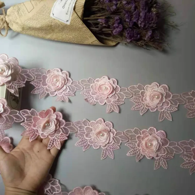 3 yard Pink Polyester Rose Flower Handmade Embroidered Fabric Lace Trim Applique Ribbon DIY Sewing Craft Decoration 11.3cm | Дом и сад