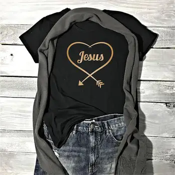 

Print T-Shirt Christian Religious Tshirt Women Tees Fashion Clothes Drop Ship Jesus Heart Arrow Gold