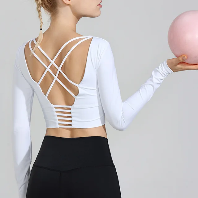 Yoga Shirts Workout Open Back Top Long Sleeve Crop Top Women Spring Autumn Gym Cross Back  Sports Shirt Short Sleeve Summer White
