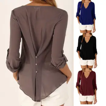 

Women's V-Neck Long-Sleeved Loose Blouse Buttons Chiffon Shirt Waist Irregular Stitching Collage Mosaic Casual Party Jumper