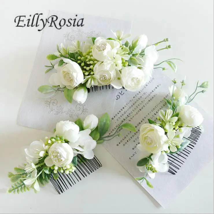 

EillyRosia Elegant White Green Bridal Headwear Artificial Flower Wreath Women Floral Comb for Bride Boho Wedding Hair Flower