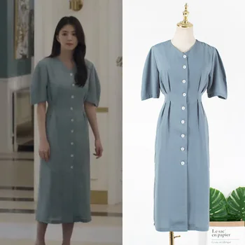 

Korean drama couple world Han Suxi French V-neck waistband single breasted short sleeve dress female