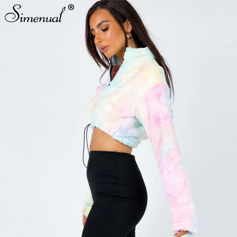Simenual Tie Dye Faux толстовки из овечьей шерсти женские на молнии осенние модные повседневные толстовки с длинным рукавом пушистый флисовый укороченный топ