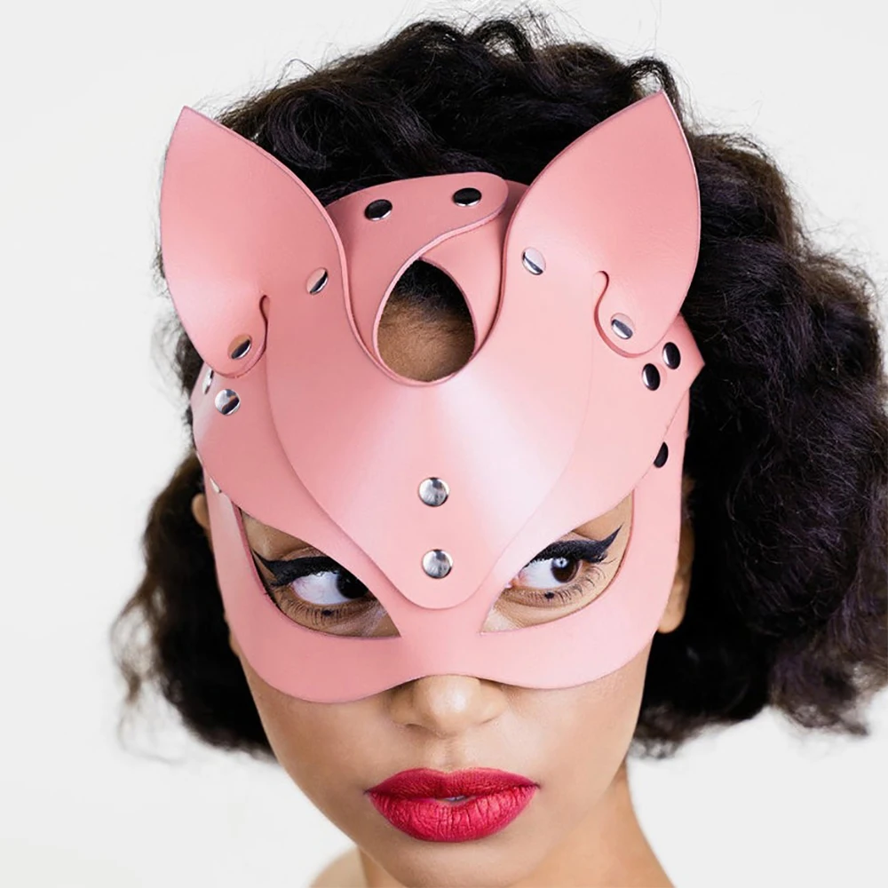 B.CYQZ Sexy Bunny Ears Masks Pink PU Leather Masquerade Cosplay Masks Bondage Harness Woman Accessories Gothic Prop Halloween